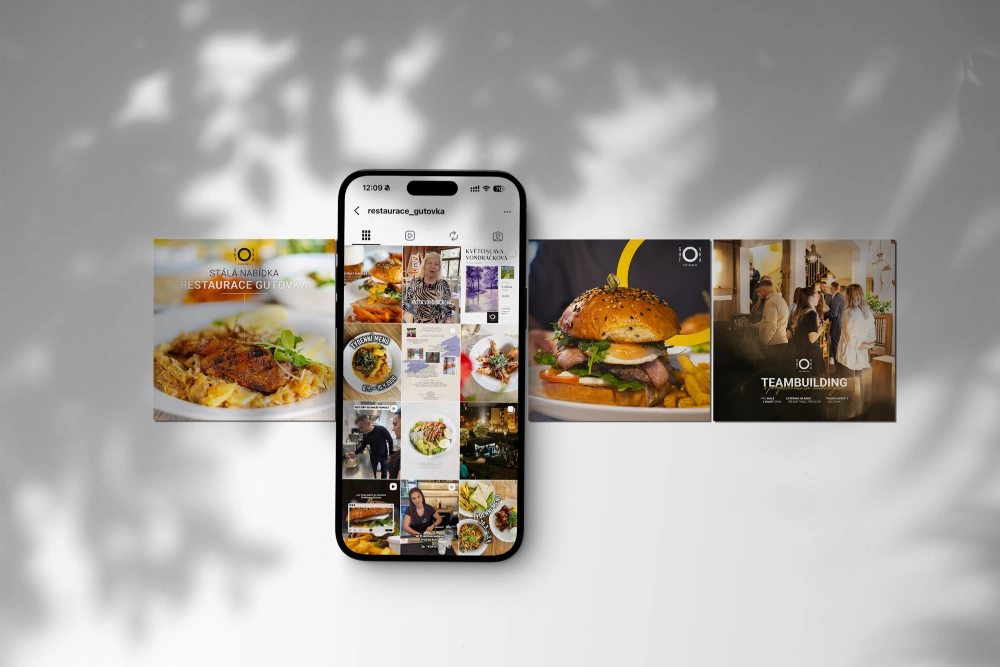 Ukázka správy sociálních sítí Restaurace Gutovka na mobilu – Instagram feed, food fotografie a promo vizuály pro gastronomii.