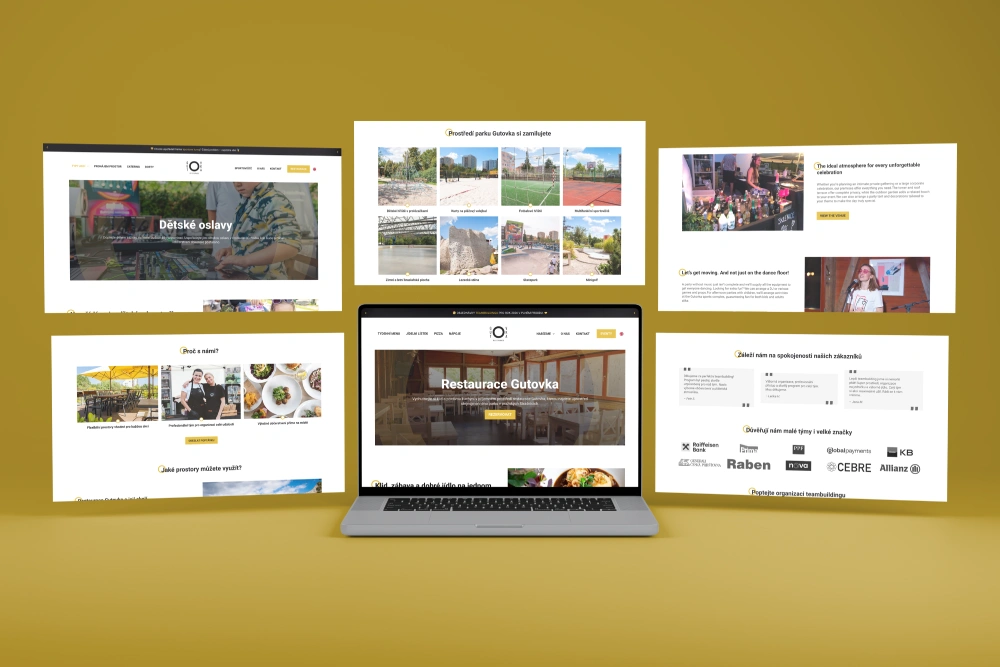 Návrh a prezentace webových stránek restaurace Gutovka zobrazená na notebooku a obrazovkách – moderní web pro restauraci.