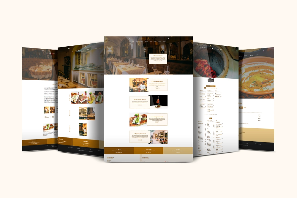 Návrh webových stránek restaurace Sangam zobrazený v sérii obrazovek – moderní a elegantní webdesign pro restaurační zařízení.